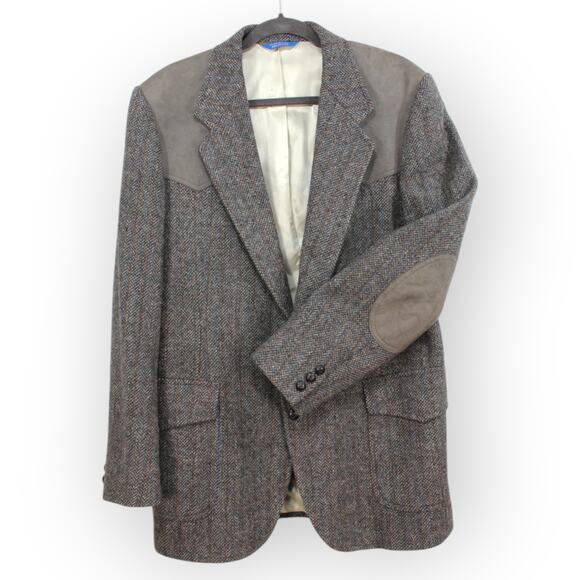 Vintage Pendleton 40Long Grey Wool Blazer Jacket MADE IN USA Suede Yoke Patch